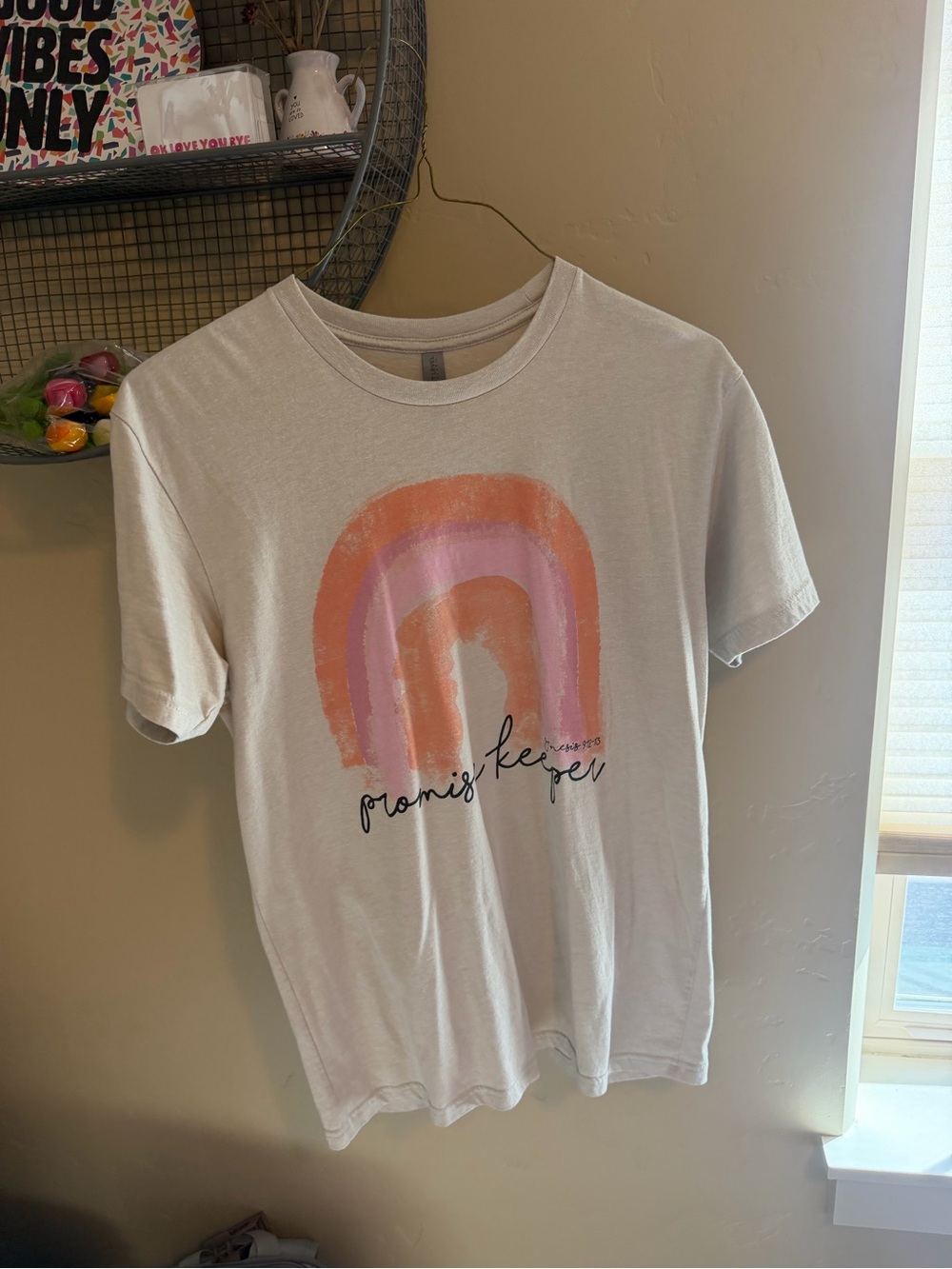Next Level Apparel White Tee with Pink and Orange Rainbow Graphic